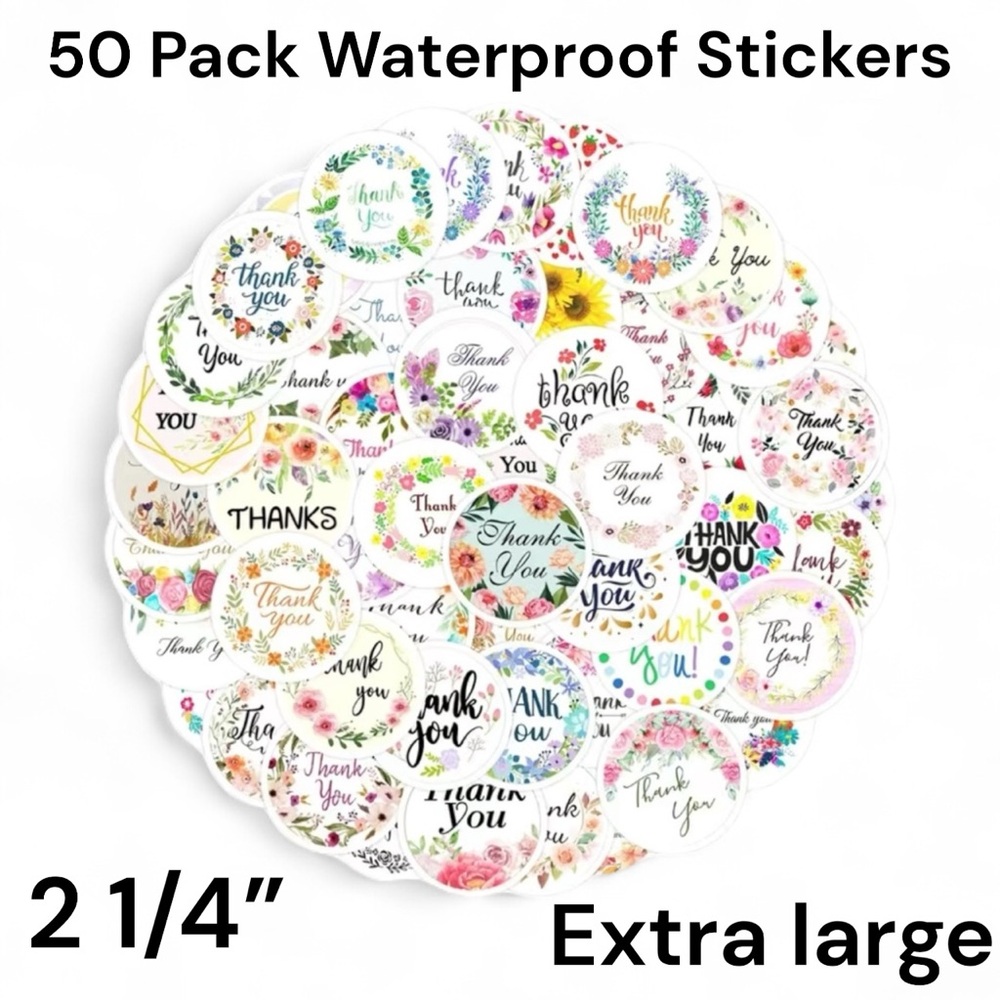 50 Thank You Stickers Vinyl Waterproof X-Large PRICE IS FIRM ( Size 2 1/4” )